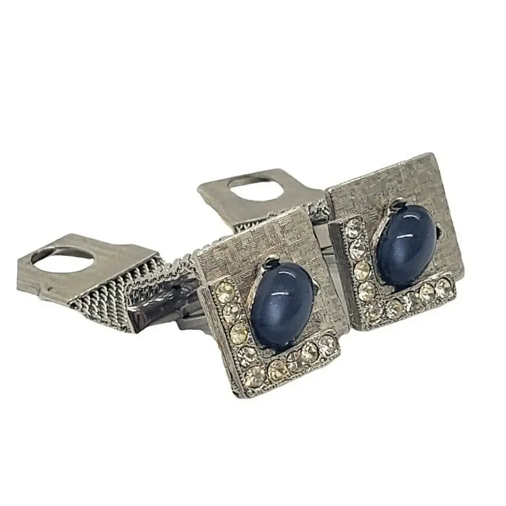 Vintage Cufflinks Silver Mesh Wrap Around Black Cats Eye & Rhinestones Cuff Link